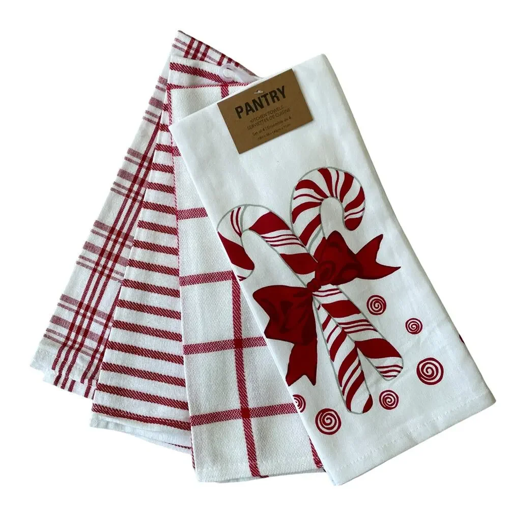 PANTRY 4pk Christmas Candy Cane Mints Kitchen Towel Set Holiday Red White New